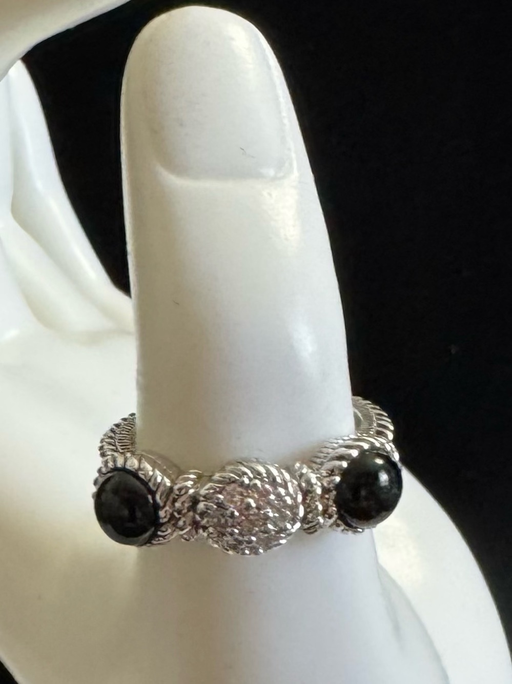 Judith Ripka 925 Silver Textured Ring w/Black Cabochon Stones & CZ ClusterCenter